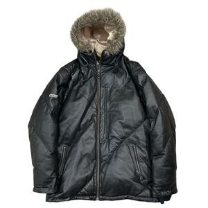 686 ARD Leather Down Jacket Mens XL Black Leather Heavy Snowboarding Winter Hood